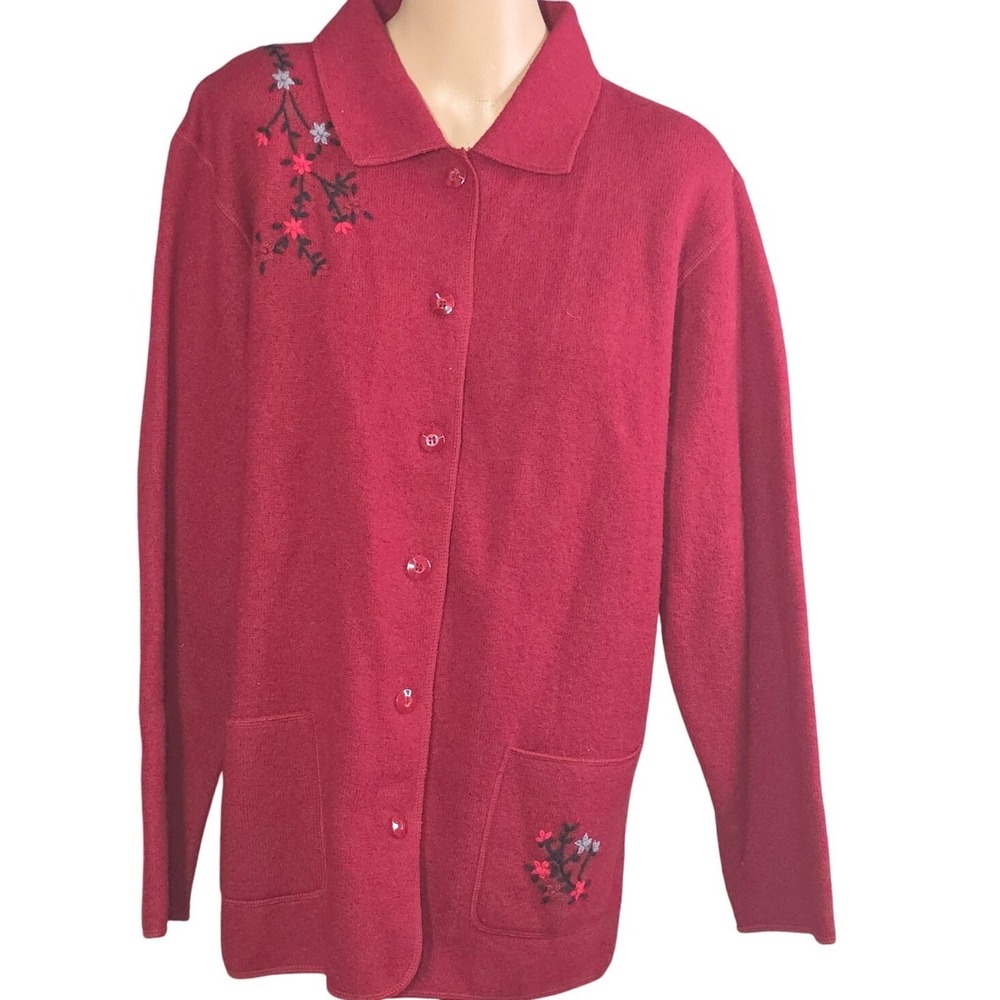 Stonebridge Cardigan Women Medium Red Wool Floral Embroidered Grannycore Vtg Y2K